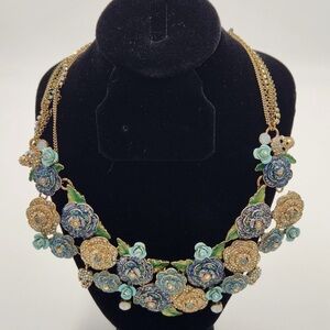 Betsey Johnson  skull and roses rhinestone Necklace with Gold and Blue Accents